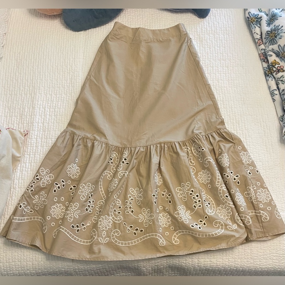 Moon River Beige Maxi Skirt with White Eyelet Embroidery